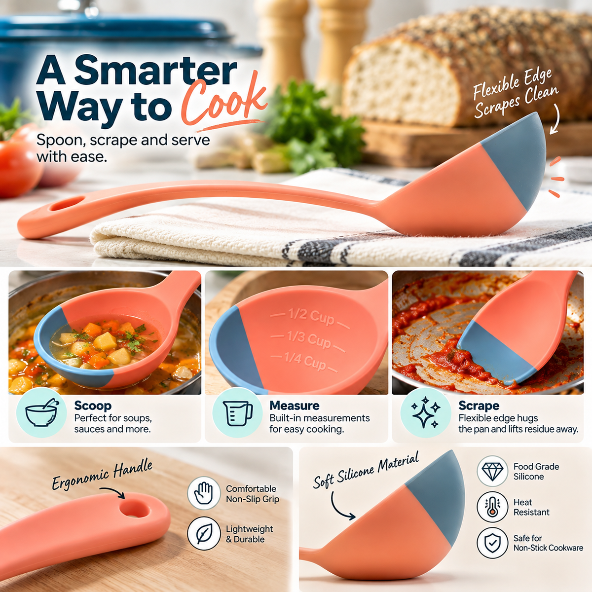 3-in-1 Silicone Cooking Spoon – Flexible Scraper, Soup Ladle & Measuring Spoon