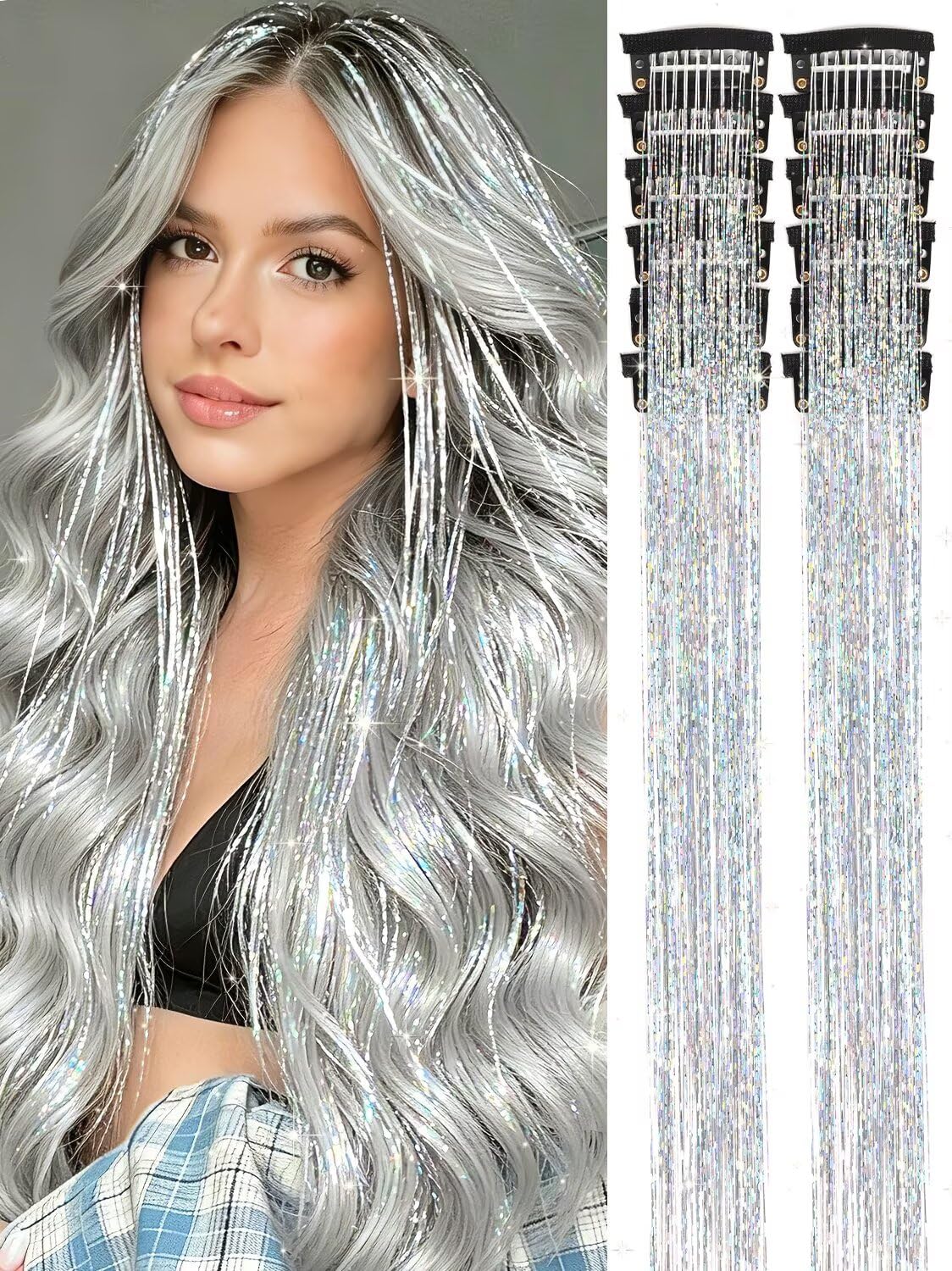✨Sparkly Hair Tinsel Extensions – Clip On in 3 Seconds,✨ Easy-to-Use Glitter Hair Accessories for Parties, Festivals & Everyday Glam💖
