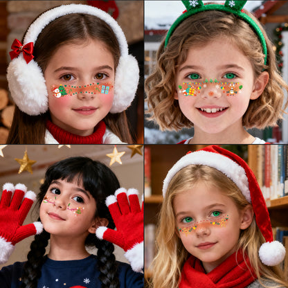 Christmas Temporary Face Tattoos for Girls, 12 Sheets Pink Blush & Holographic Face Stickers, Snowflake Christmas Tree Fake Tattoos for Holiday Makeup, Face & Body Art, Party Accessories