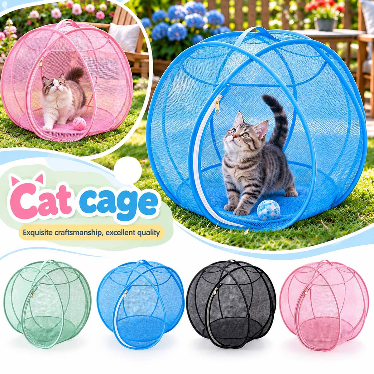 🐱🌿 360° Rolling Cat Haven – Foldable Breathable Mesh Playpen with Zipper Door for Indoor & Outdoor Play✨🐾