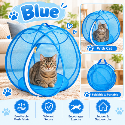 🐱🌿 360° Rolling Cat Haven – Foldable Breathable Mesh Playpen with Zipper Door for Indoor & Outdoor Play✨🐾