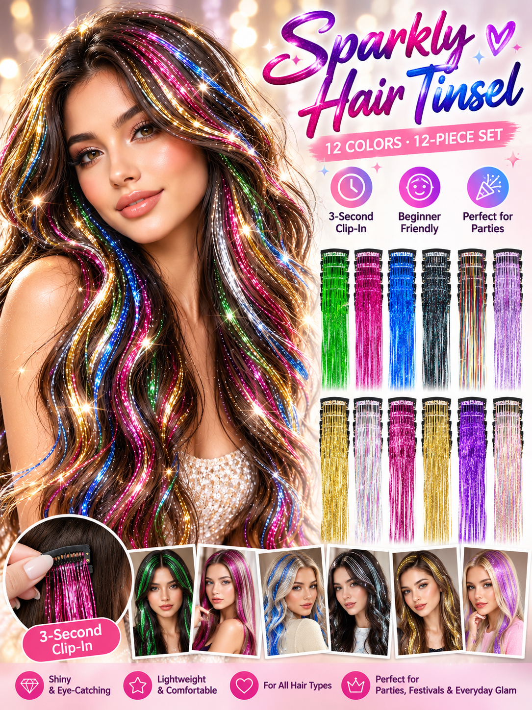 ✨Sparkly Hair Tinsel Extensions – Clip On in 3 Seconds,✨ Easy-to-Use Glitter Hair Accessories for Parties, Festivals & Everyday Glam💖