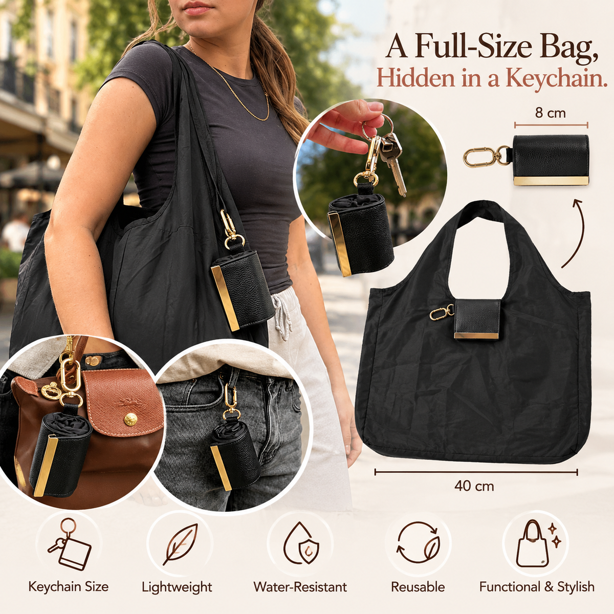 2-in-1 Foldable Tote Bag – Compact Keychain Shopping Bag, Lightweight & Reusable
