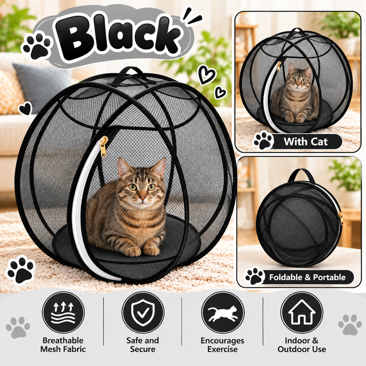 🐱🌿 360° Rolling Cat Haven – Foldable Breathable Mesh Playpen with Zipper Door for Indoor & Outdoor Play✨🐾