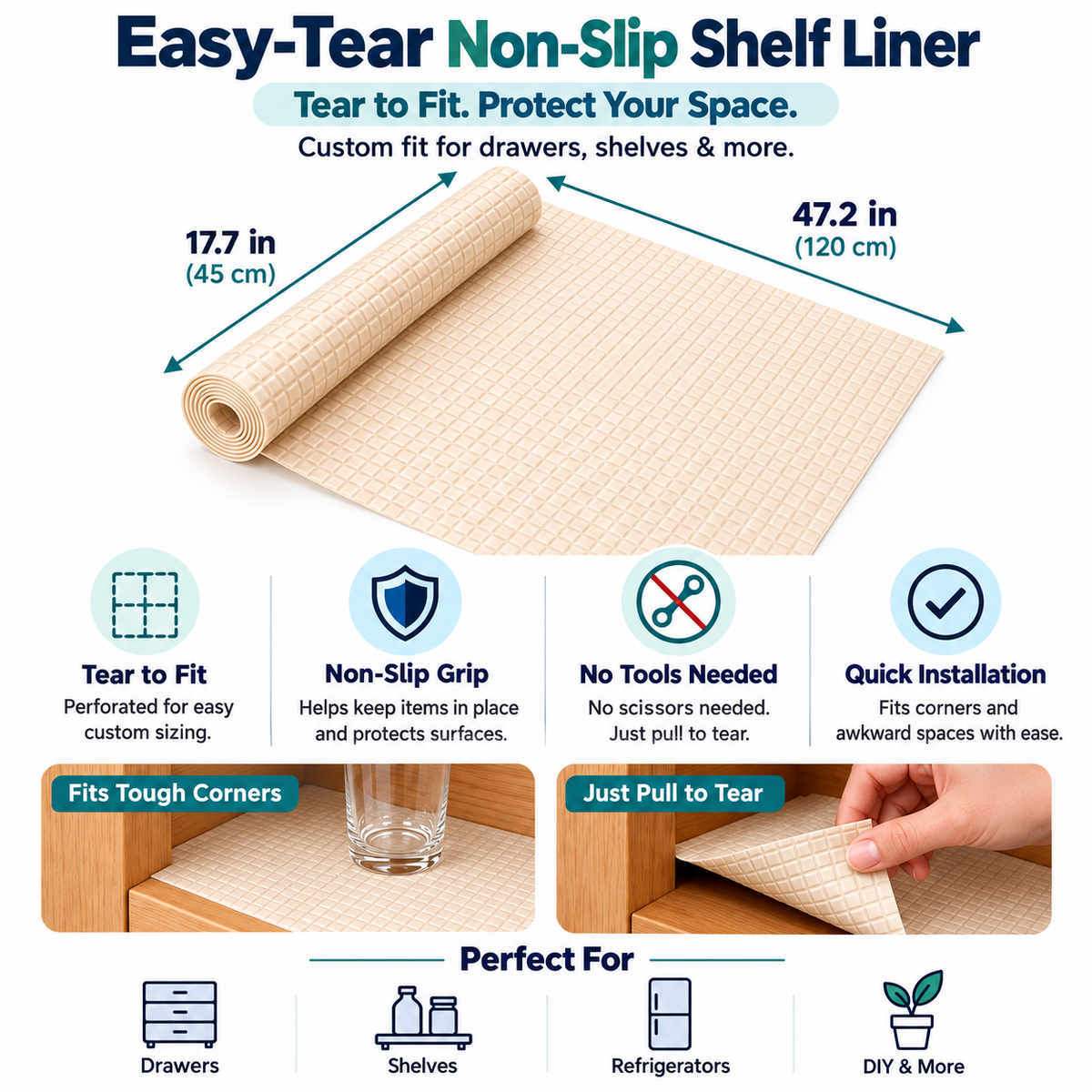 Easy-Tear Non-Slip Shelf & Drawer Liner – Multi-Purpose Protective Mat for Kitchen Cabinets, Shelves & Refrigerators