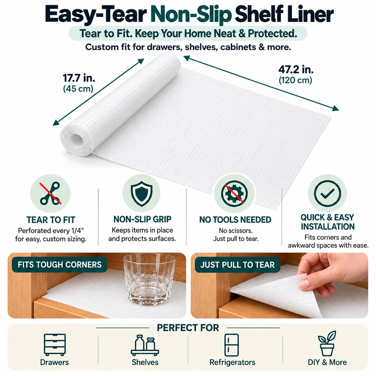 Easy-Tear Non-Slip Shelf & Drawer Liner – Multi-Purpose Protective Mat for Kitchen Cabinets, Shelves & Refrigerators