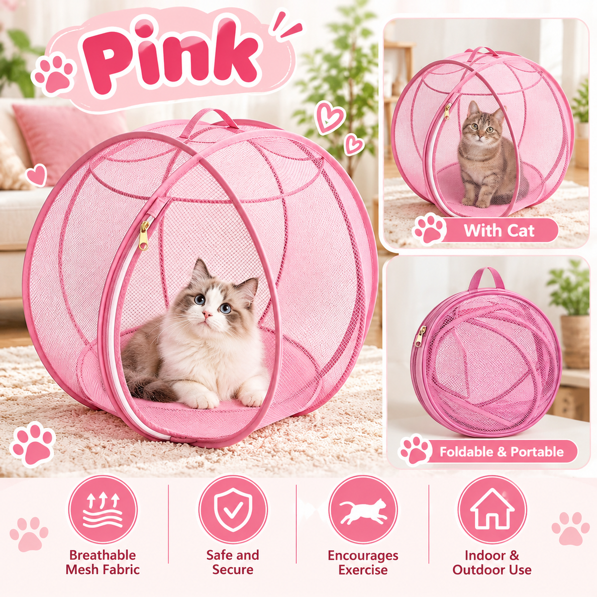 🐱🌿 360° Rolling Cat Haven – Foldable Breathable Mesh Playpen with Zipper Door for Indoor & Outdoor Play✨🐾
