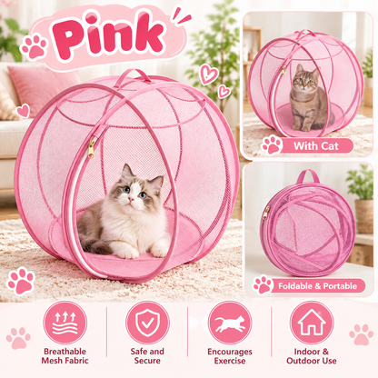 🐱🌿 360° Rolling Cat Haven – Foldable Breathable Mesh Playpen with Zipper Door for Indoor & Outdoor Play✨🐾