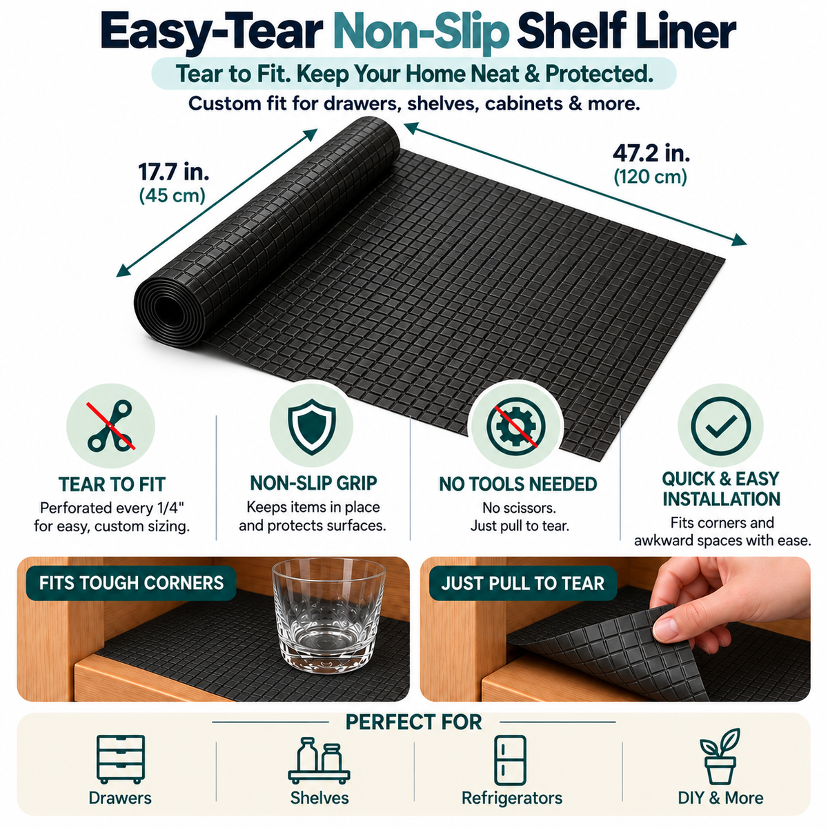 Easy-Tear Non-Slip Shelf & Drawer Liner – Multi-Purpose Protective Mat for Kitchen Cabinets, Shelves & Refrigerators