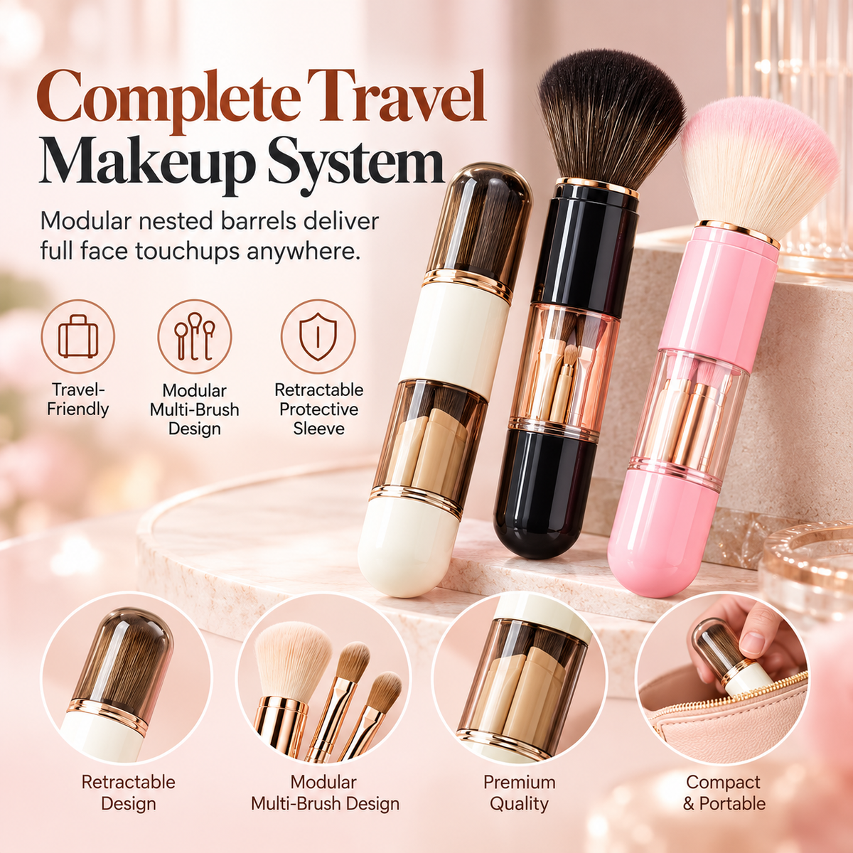 🖌️Buy 1 Get 1 Free !!📢Portable Retractable Makeup Brush Set Multifunctional Travel Cosmetic Tool with Powder Blush and Silicone Lip Brush