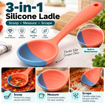 3-in-1 Silicone Cooking Spoon – Flexible Scraper, Soup Ladle & Measuring Spoon