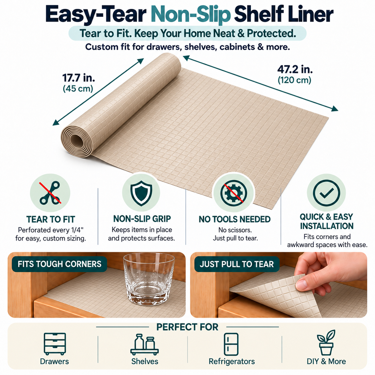 Easy-Tear Non-Slip Shelf & Drawer Liner – Multi-Purpose Protective Mat for Kitchen Cabinets, Shelves & Refrigerators