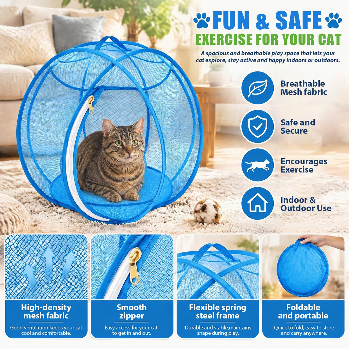 🐱🌿 360° Rolling Cat Haven – Foldable Breathable Mesh Playpen with Zipper Door for Indoor & Outdoor Play✨🐾