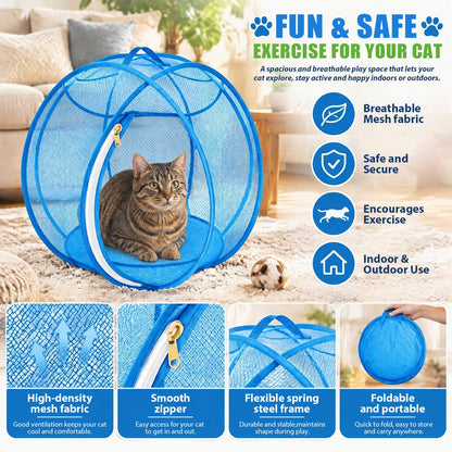 🐱🌿 360° Rolling Cat Haven – Foldable Breathable Mesh Playpen with Zipper Door for Indoor & Outdoor Play✨🐾