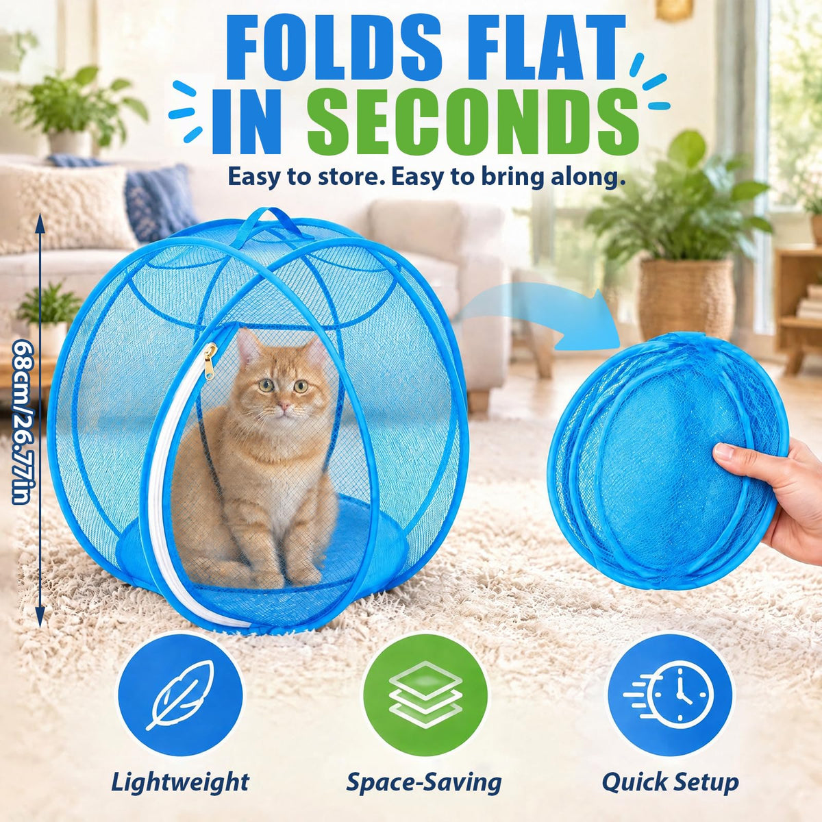 🐱🌿 360° Rolling Cat Haven – Foldable Breathable Mesh Playpen with Zipper Door for Indoor & Outdoor Play✨🐾