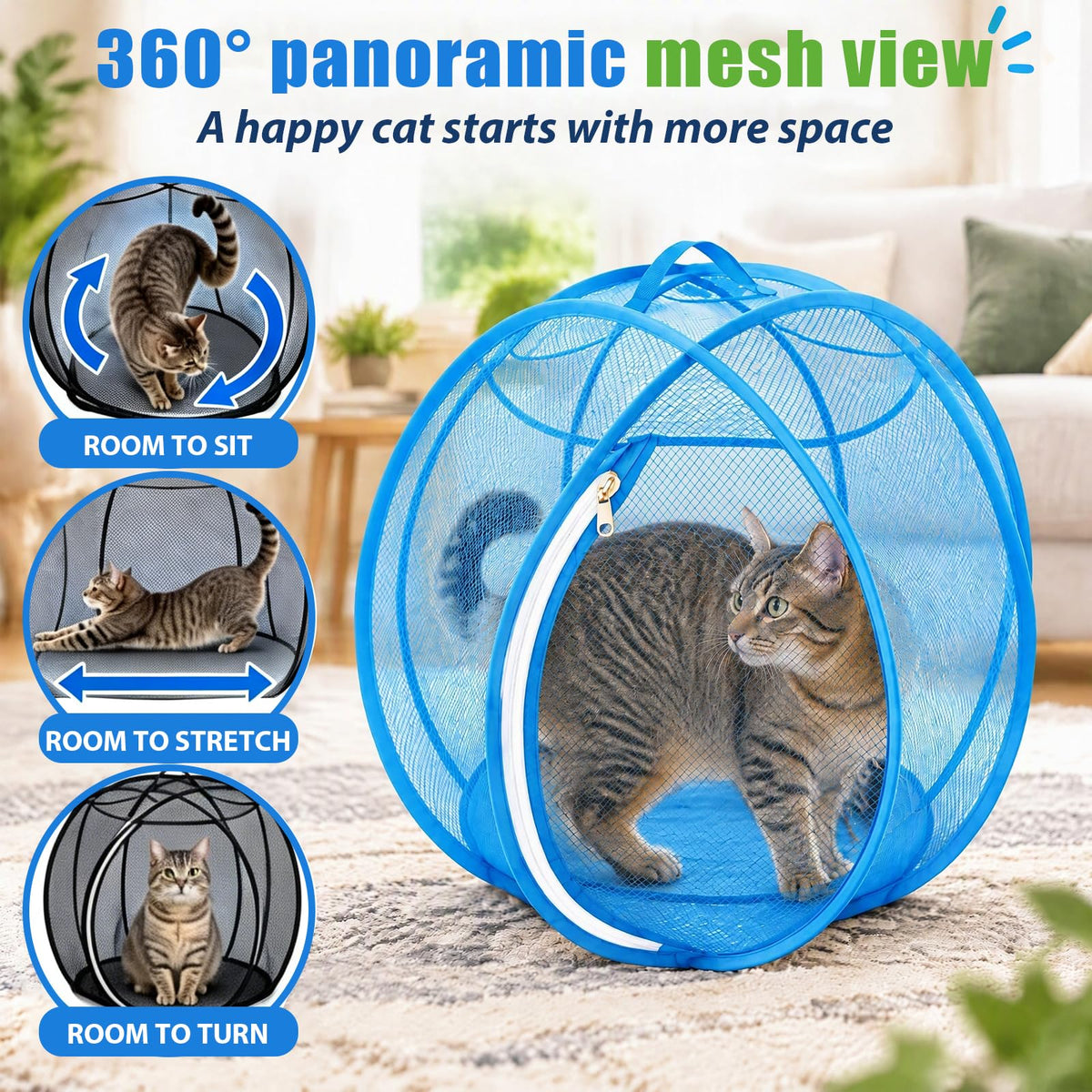 🐱🌿 360° Rolling Cat Haven – Foldable Breathable Mesh Playpen with Zipper Door for Indoor & Outdoor Play✨🐾