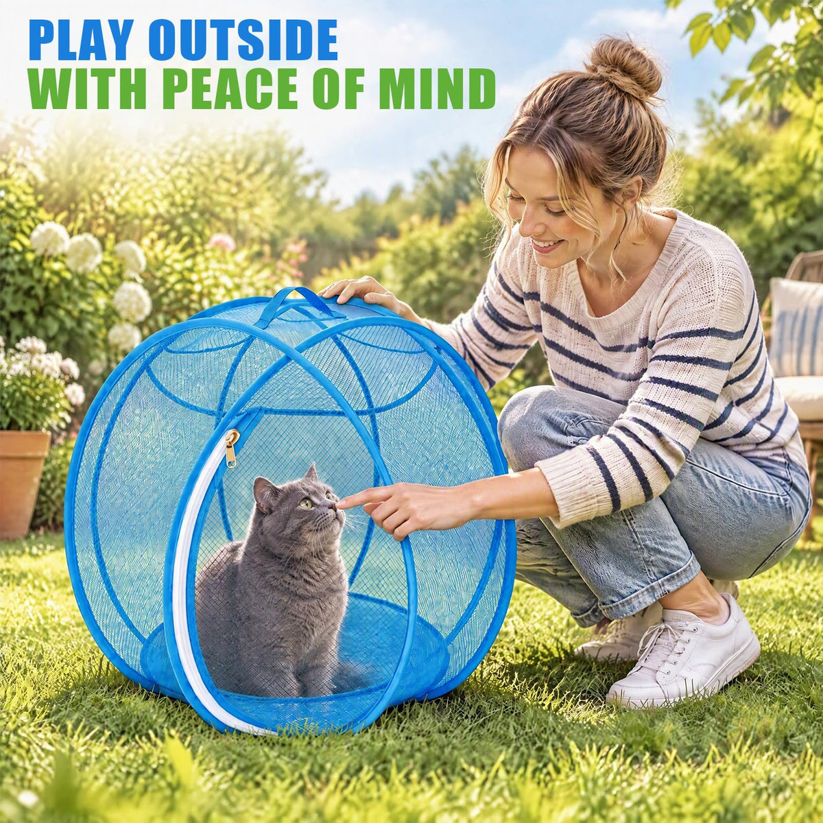 🐱🌿 360° Rolling Cat Haven – Foldable Breathable Mesh Playpen with Zipper Door for Indoor & Outdoor Play✨🐾