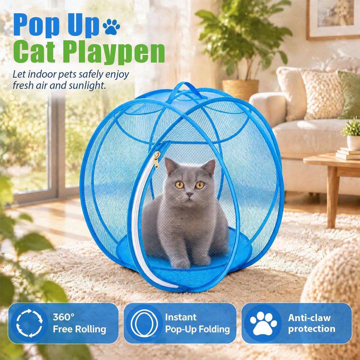 🐱🌿 360° Rolling Cat Haven – Foldable Breathable Mesh Playpen with Zipper Door for Indoor & Outdoor Play✨🐾