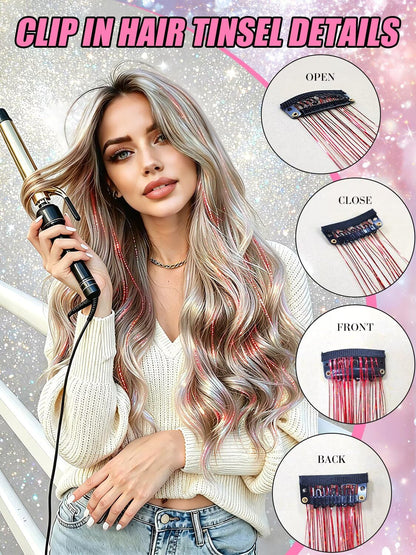 ✨Sparkly Hair Tinsel Extensions – Clip On in 3 Seconds,✨ Easy-to-Use Glitter Hair Accessories for Parties, Festivals & Everyday Glam💖