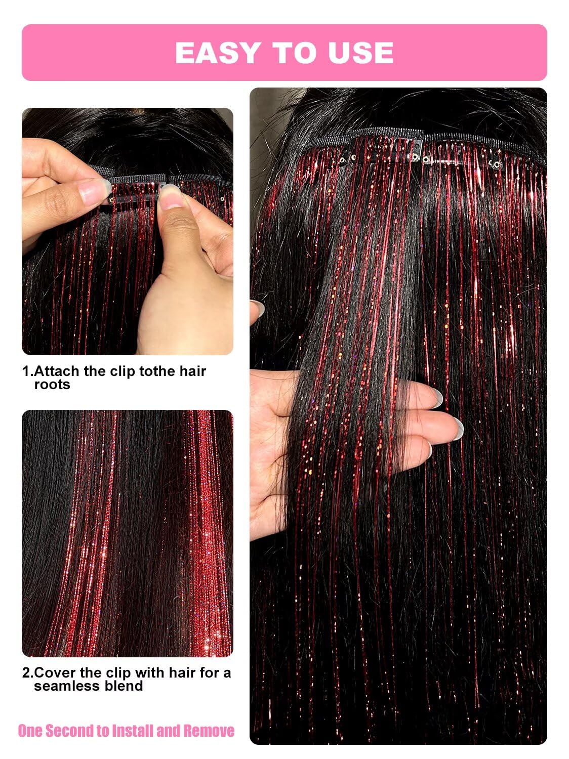 ✨Sparkly Hair Tinsel Extensions – Clip On in 3 Seconds,✨ Easy-to-Use Glitter Hair Accessories for Parties, Festivals & Everyday Glam💖