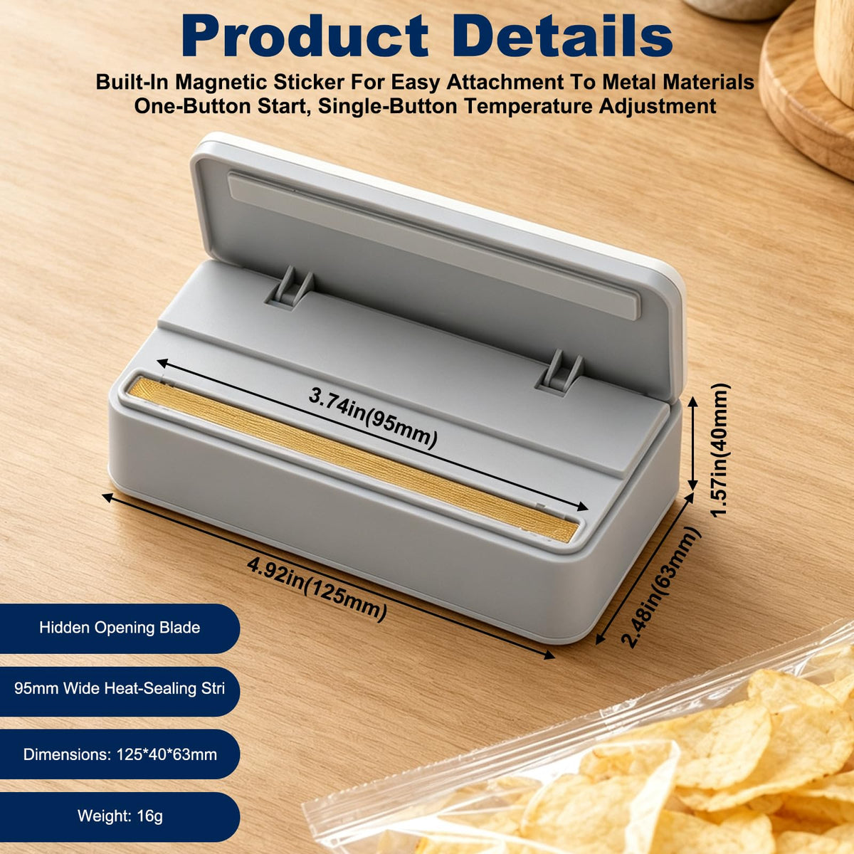 Portable Mini Bag Sealer – 2-in-1 Heat Sealer & Cutter, 6 Adjustable Settings, USB Rechargeable with LED Display