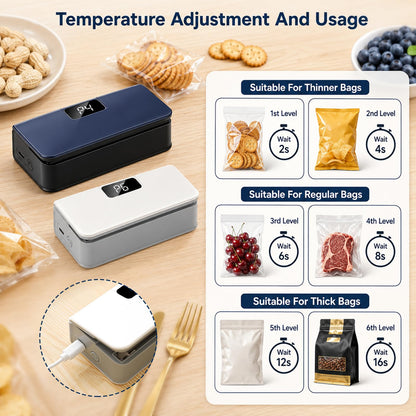 Portable Mini Bag Sealer – 2-in-1 Heat Sealer & Cutter, 6 Adjustable Settings, USB Rechargeable with LED Display