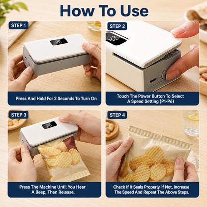 Portable Mini Bag Sealer – 2-in-1 Heat Sealer & Cutter, 6 Adjustable Settings, USB Rechargeable with LED Display