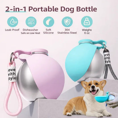 2-in-1 Dog Travel Water Bottle – Leakproof Stainless Steel Bottle with Silicone Bowl